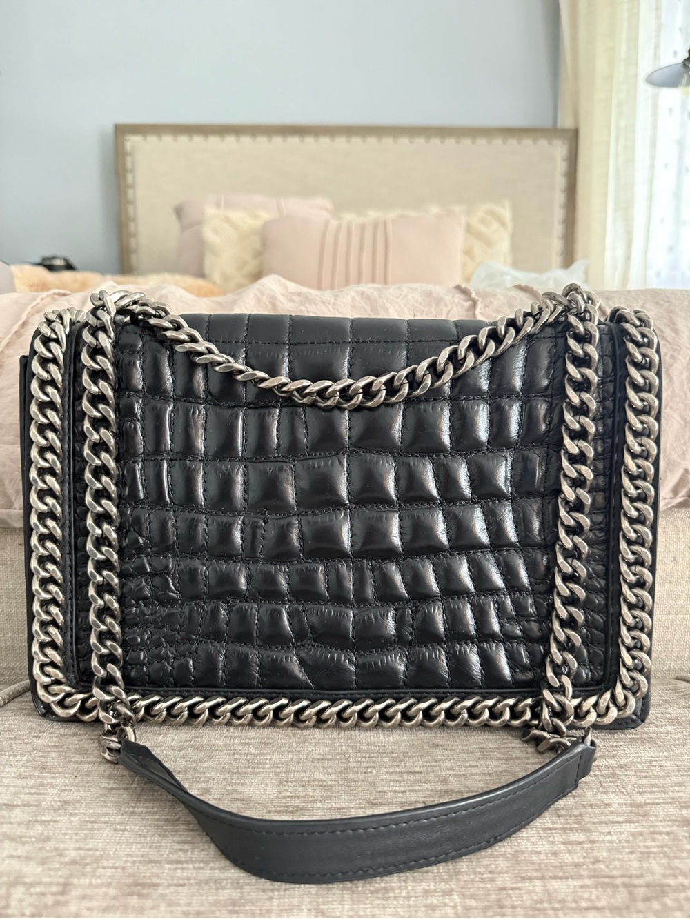 Zara Black Croc-Textured Shoulder Bag with Silver Chain